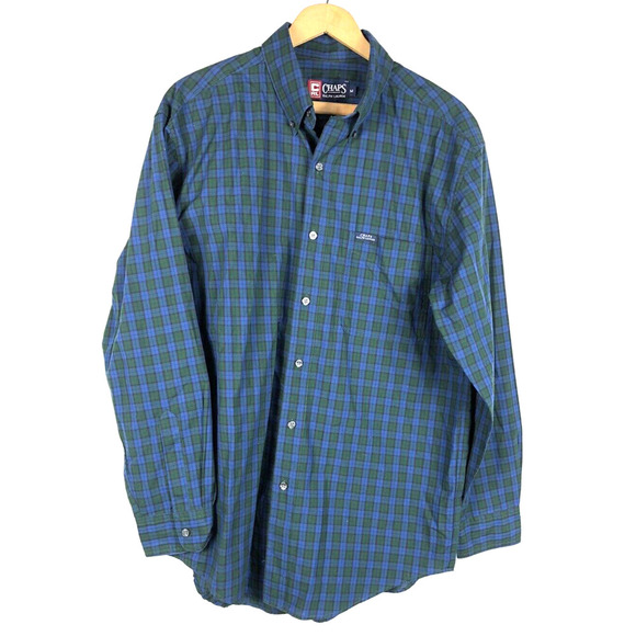 Chaps Ralph Lauren Medium Button Down Shirt Mens Blue Green Plaid Check Tartan - Picture 1 of 4